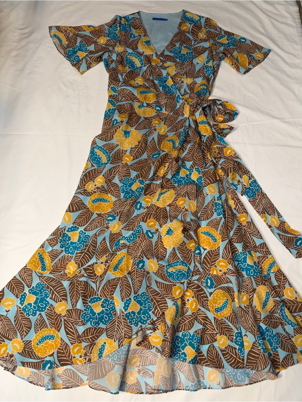 J. McLaughlin Wrap Dress in Blue and Mustard Floral - Picture 1 of 4